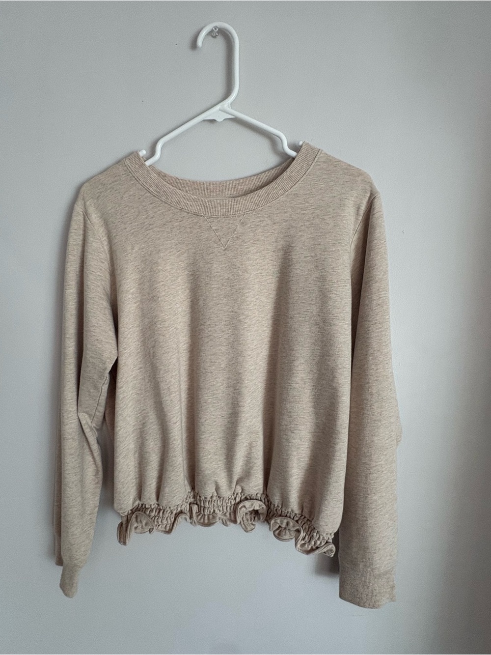 Michael Kors Heather Beige Ruffle Hem Crewneck Sweatshirt